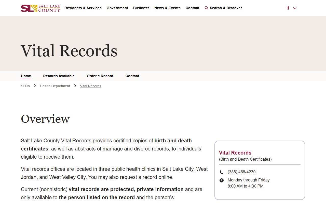 Salt Lake County obituary records request page for death certificates